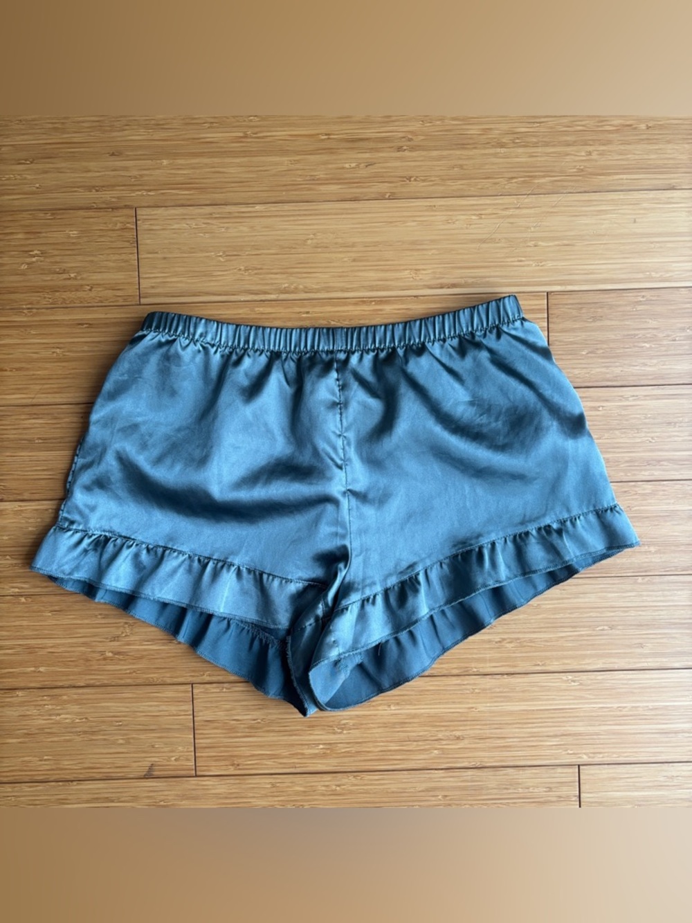 Blue satin retro frill trim tap shorts